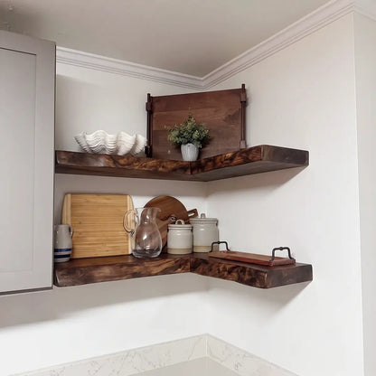 Live Edge Solid Wood L-Shaped Corner Floating Shelf