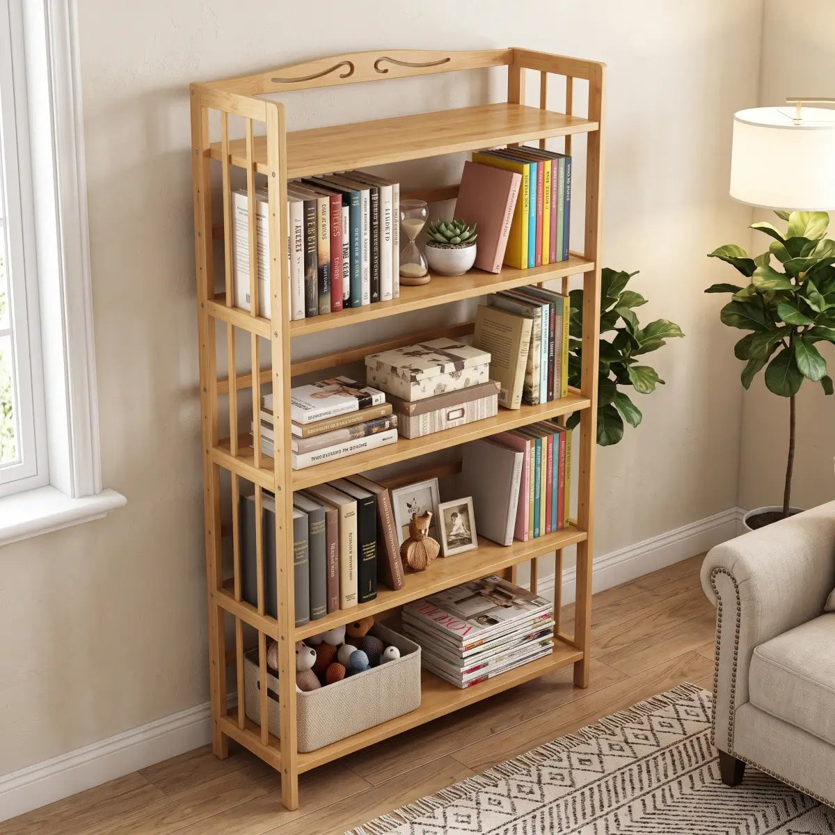Natural Bamboo Bookshelf with Adjustable Shelves – Freestanding 4/5/6-Tier Bookcase