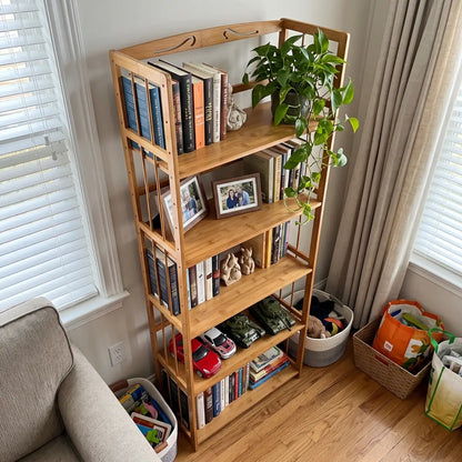 Natural Bamboo Bookshelf with Adjustable Shelves – Freestanding 4/5/6-Tier Bookcase