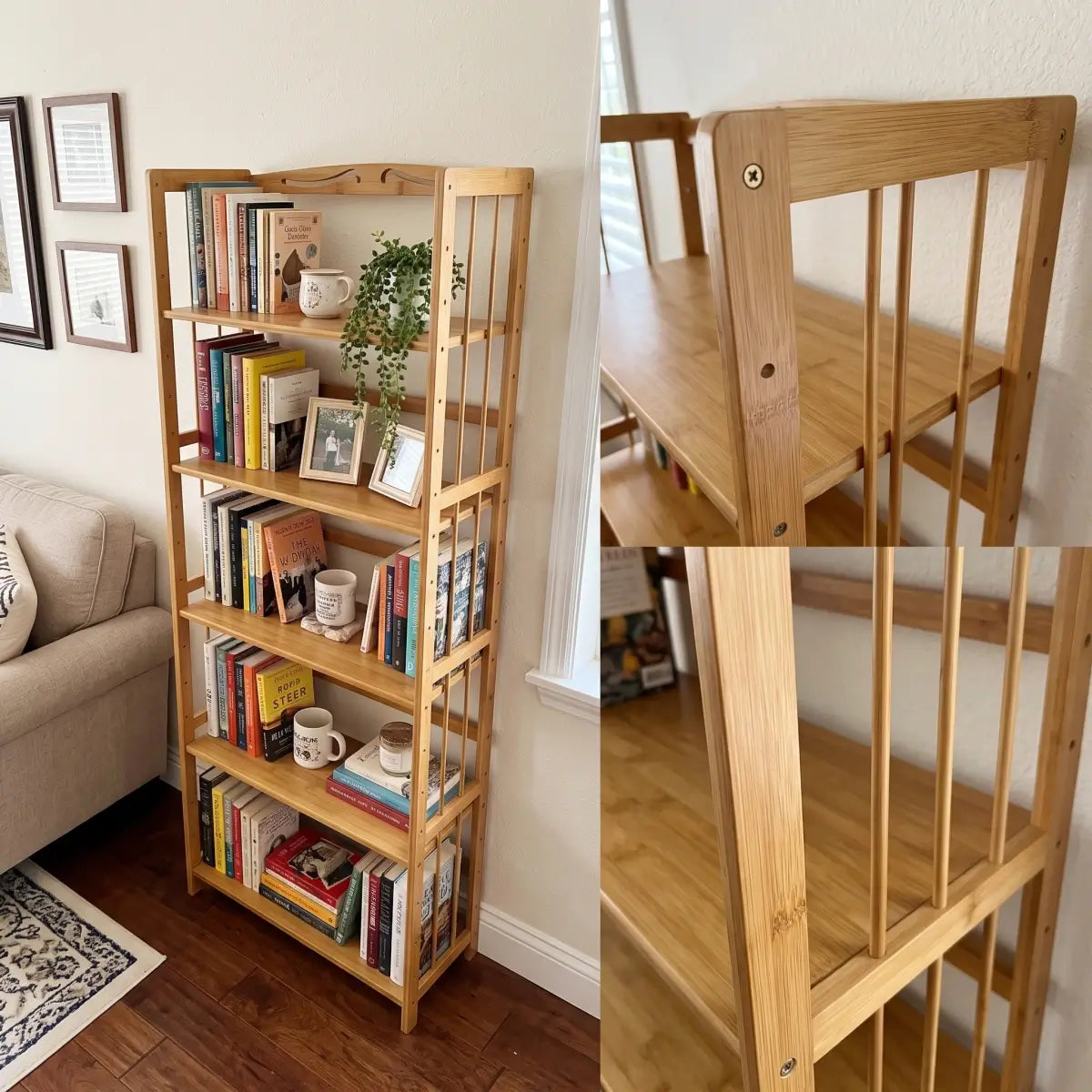 Natural Bamboo Bookshelf with Adjustable Shelves – Freestanding 4/5/6-Tier Bookcase