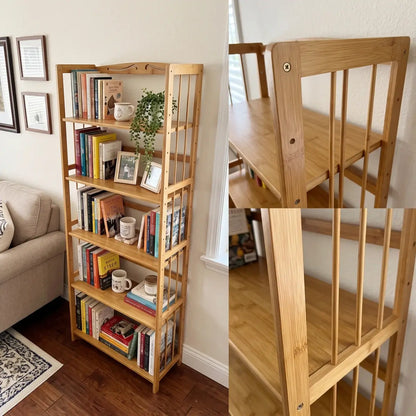 Natural Bamboo Bookshelf with Adjustable Shelves – Freestanding 4/5/6-Tier Bookcase