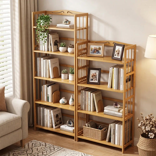 Natural Bamboo Bookshelf with Adjustable Shelves – Freestanding 4/5/6-Tier Bookcase
