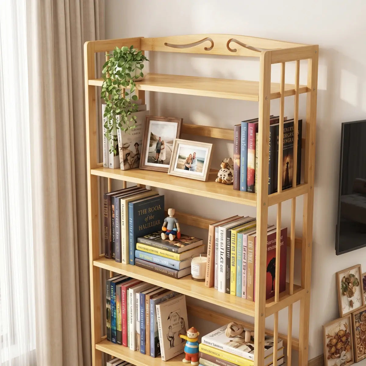 Natural Bamboo Bookshelf with Adjustable Shelves – Freestanding 4/5/6-Tier Bookcase