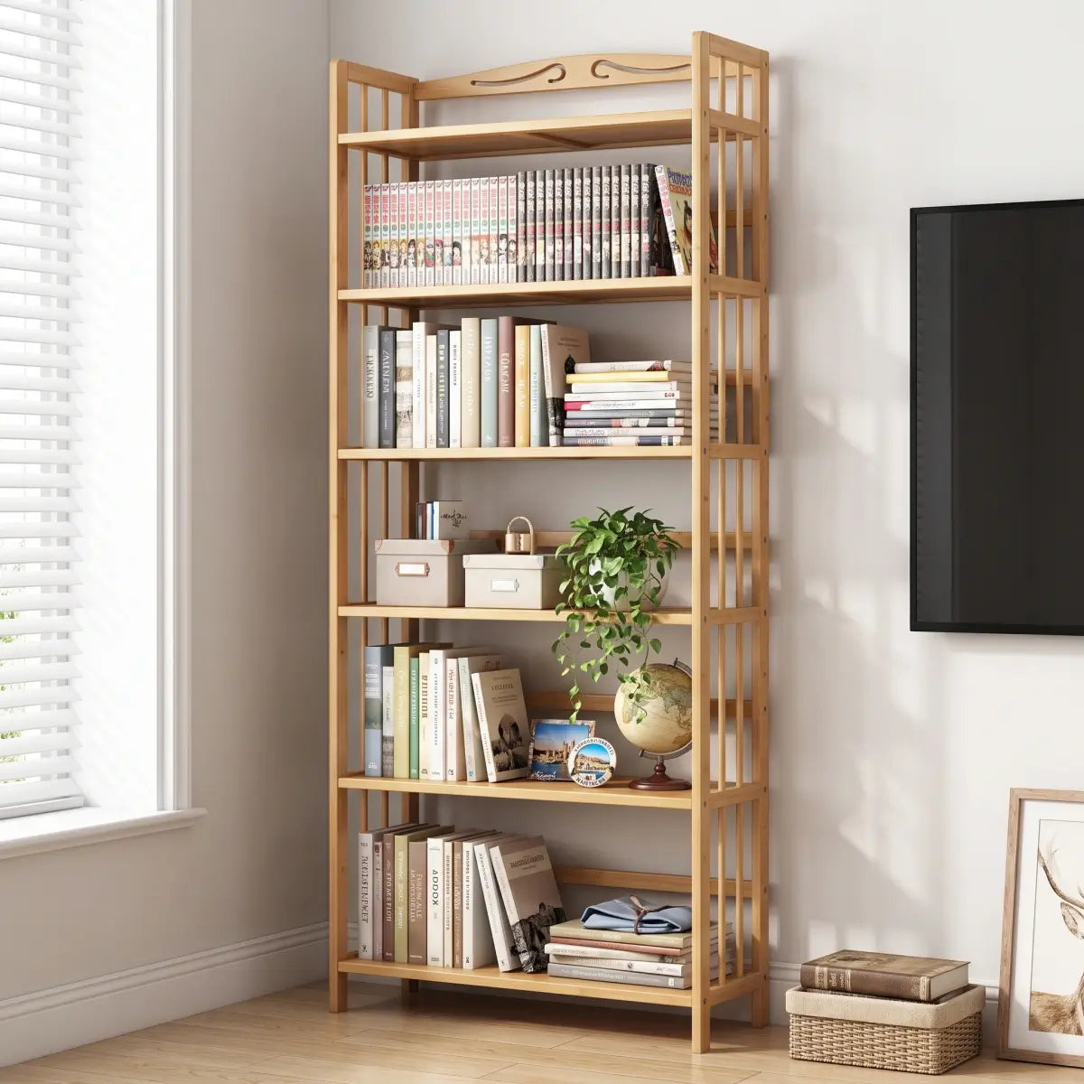 Natural Bamboo Bookshelf with Adjustable Shelves – Freestanding 4/5/6-Tier Bookcase