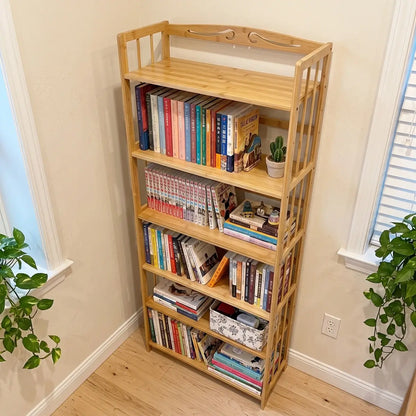 Natural Bamboo Bookshelf with Adjustable Shelves – Freestanding 4/5/6-Tier Bookcase