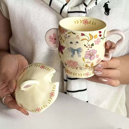 Floral Cat Ceramic Mug Set with Lid