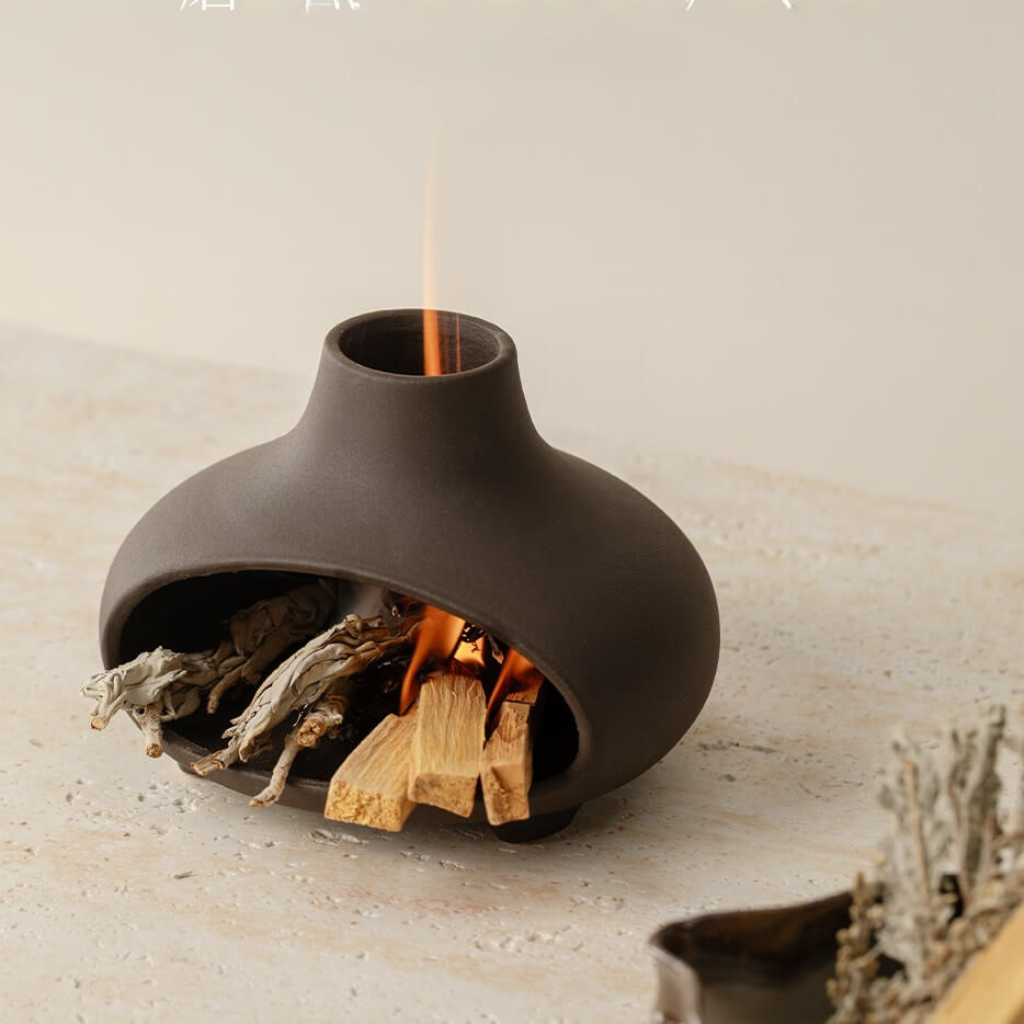Handmade Ceramic Palo Santo Burner Holder – Mini Fireplace Incense Burner (Matte Charcoal)