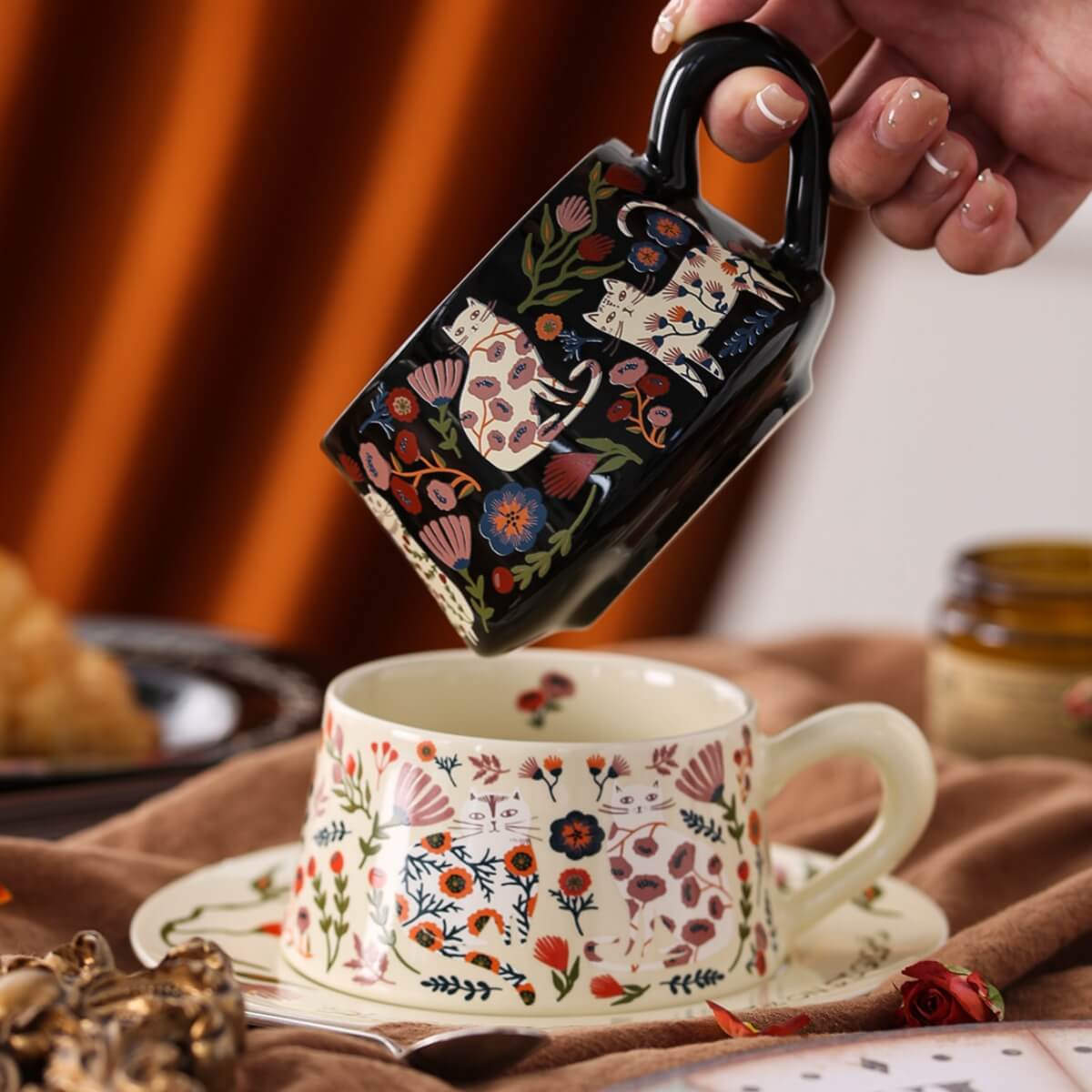 Floral Cat Ceramic Cup & Saucer Set