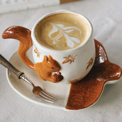 Handcrafted Ceramic Mug – 3D Squirrel Appliqué & Hand-Painted Maple Leaves