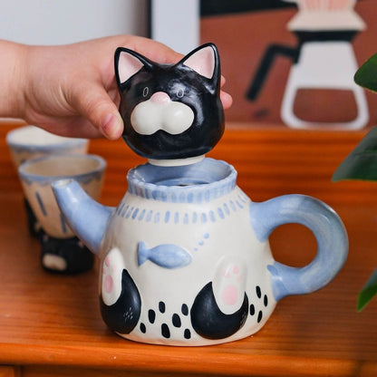 Cute Cat Ceramic Tea Set – Teapot & Mini Cups, Handcrafted Animal Design, Home Decor & Gift for Cat Lovers
