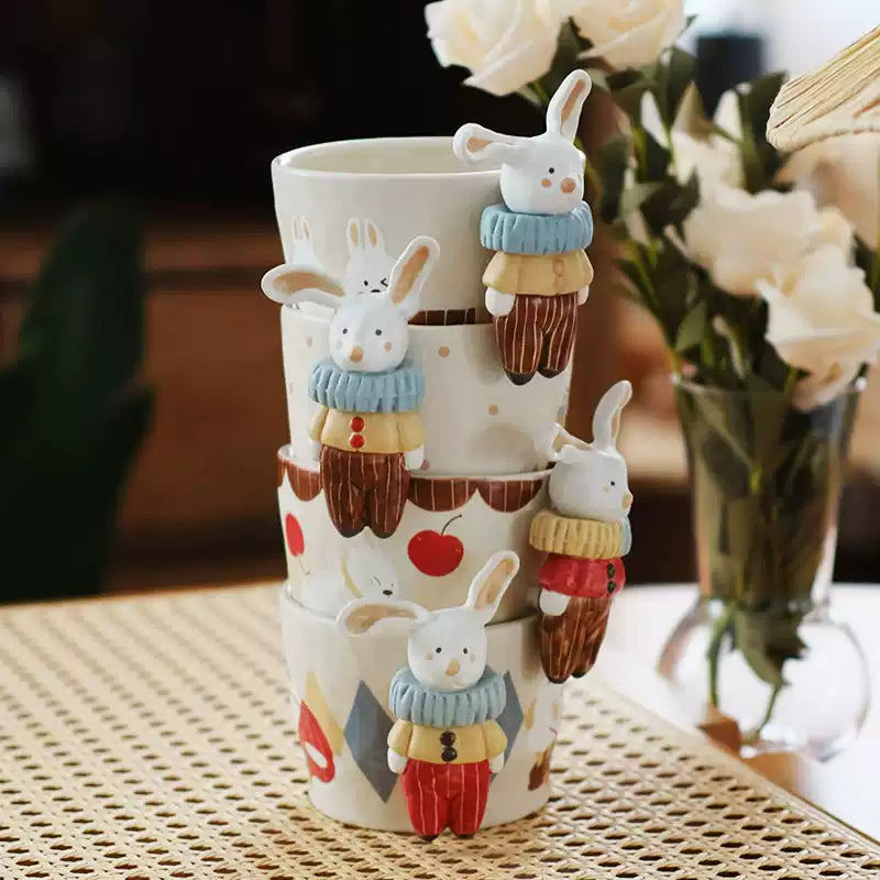 Handcrafted Ceramic Bunny Mug — 3D Sculpted Handle, Hand-Painted Design