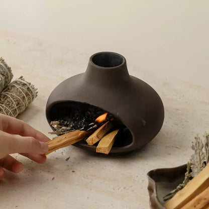 Handmade Ceramic Palo Santo Burner Holder – Mini Fireplace Incense Burner (Matte Charcoal)