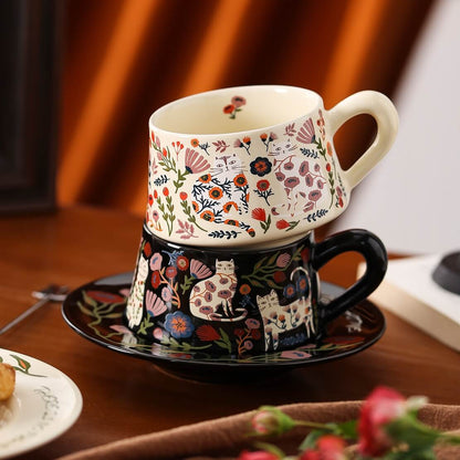 Floral Cat Ceramic Cup & Saucer Set
