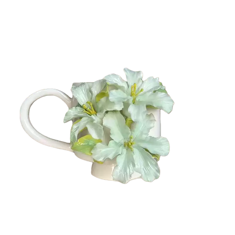 Handcrafted Light Green Azalea 3D Floral Ceramic Mug