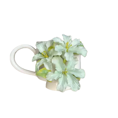 Handcrafted Light Green Azalea 3D Floral Ceramic Mug