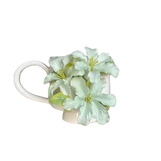 Handcrafted Light Green Azalea 3D Floral Ceramic Mug