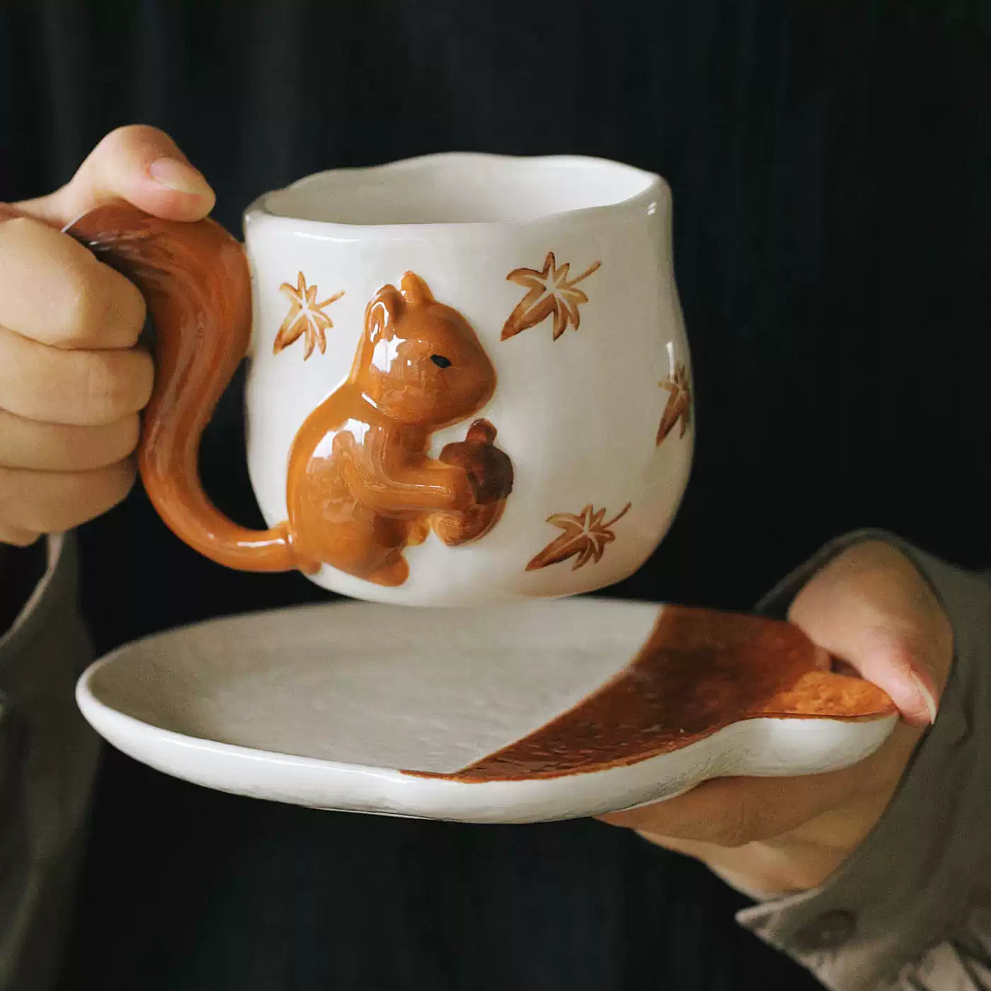 Handcrafted Ceramic Mug – 3D Squirrel Appliqué & Hand-Painted Maple Leaves