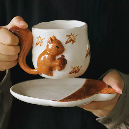 Handcrafted Ceramic Mug – 3D Squirrel Appliqué & Hand-Painted Maple Leaves