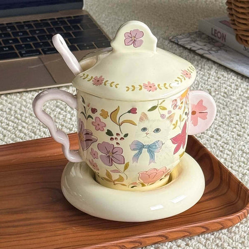 Floral Cat Ceramic Mug Set with Lid