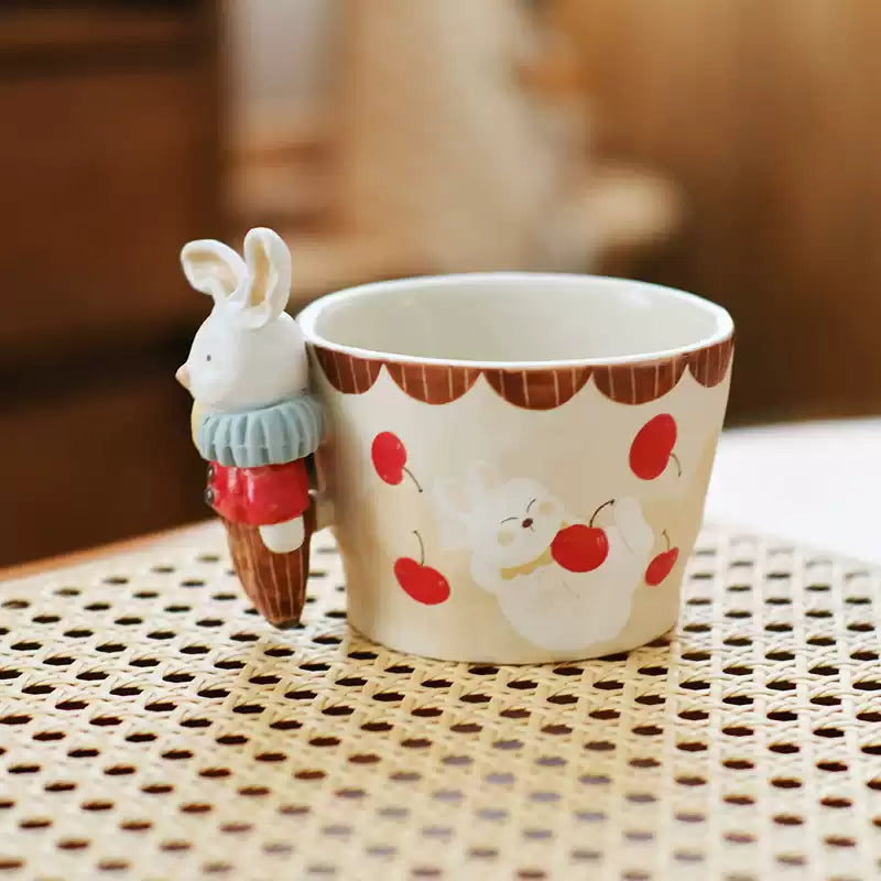 Handcrafted Ceramic Bunny Mug — 3D Sculpted Handle, Hand-Painted Design