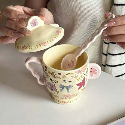 Floral Cat Ceramic Mug Set with Lid