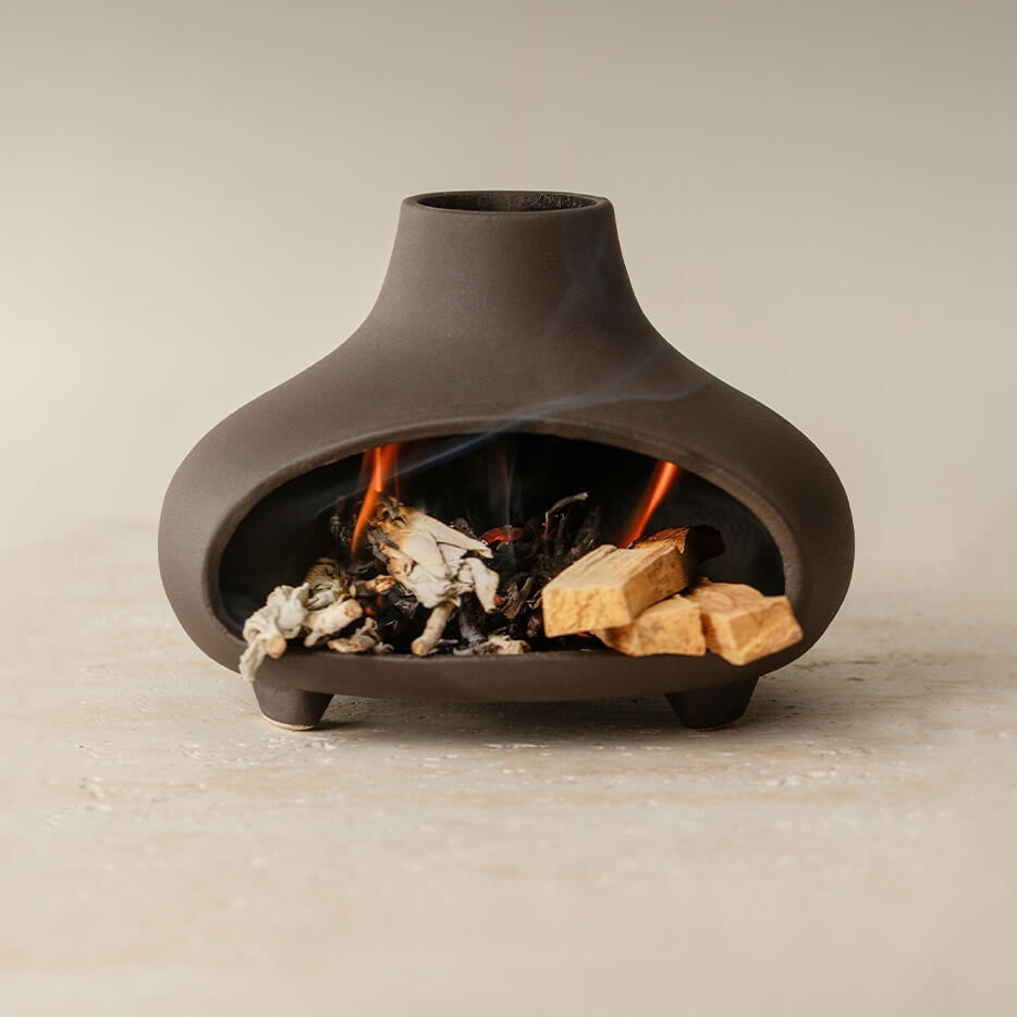 Handmade Ceramic Palo Santo Burner Holder – Mini Fireplace Incense Burner (Matte Charcoal)
