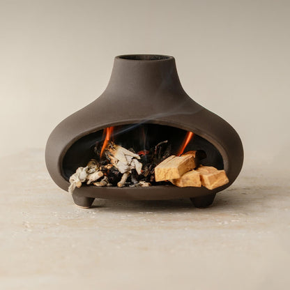 Handmade Ceramic Palo Santo Burner Holder – Mini Fireplace Incense Burner (Matte Charcoal)