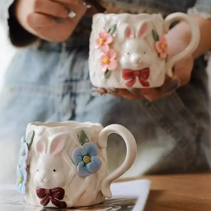 Handcrafted Bunny & Blossoms 3D Floral Ceramic Mug