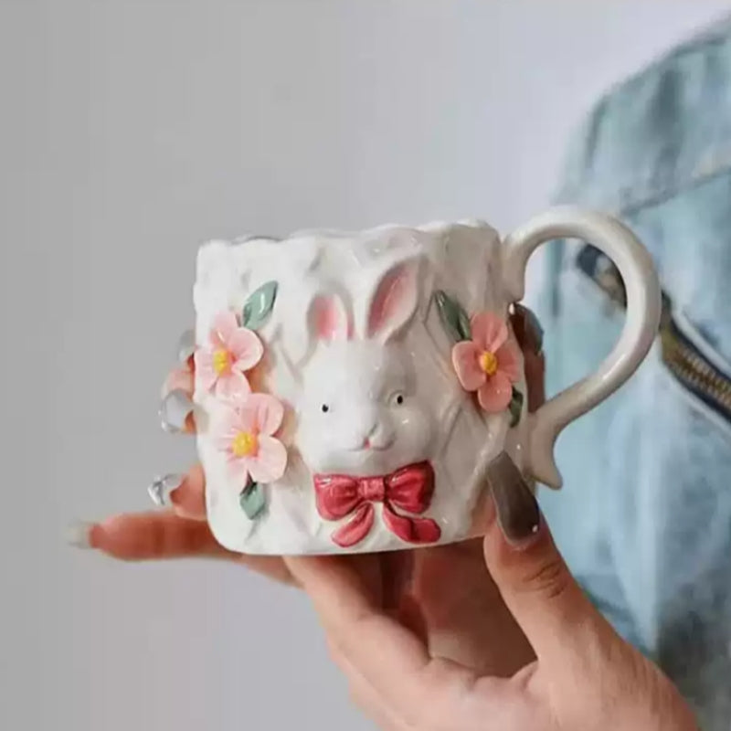 Handcrafted Bunny & Blossoms 3D Floral Ceramic Mug