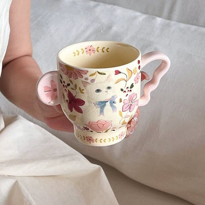 Floral Cat Ceramic Mug Set with Lid