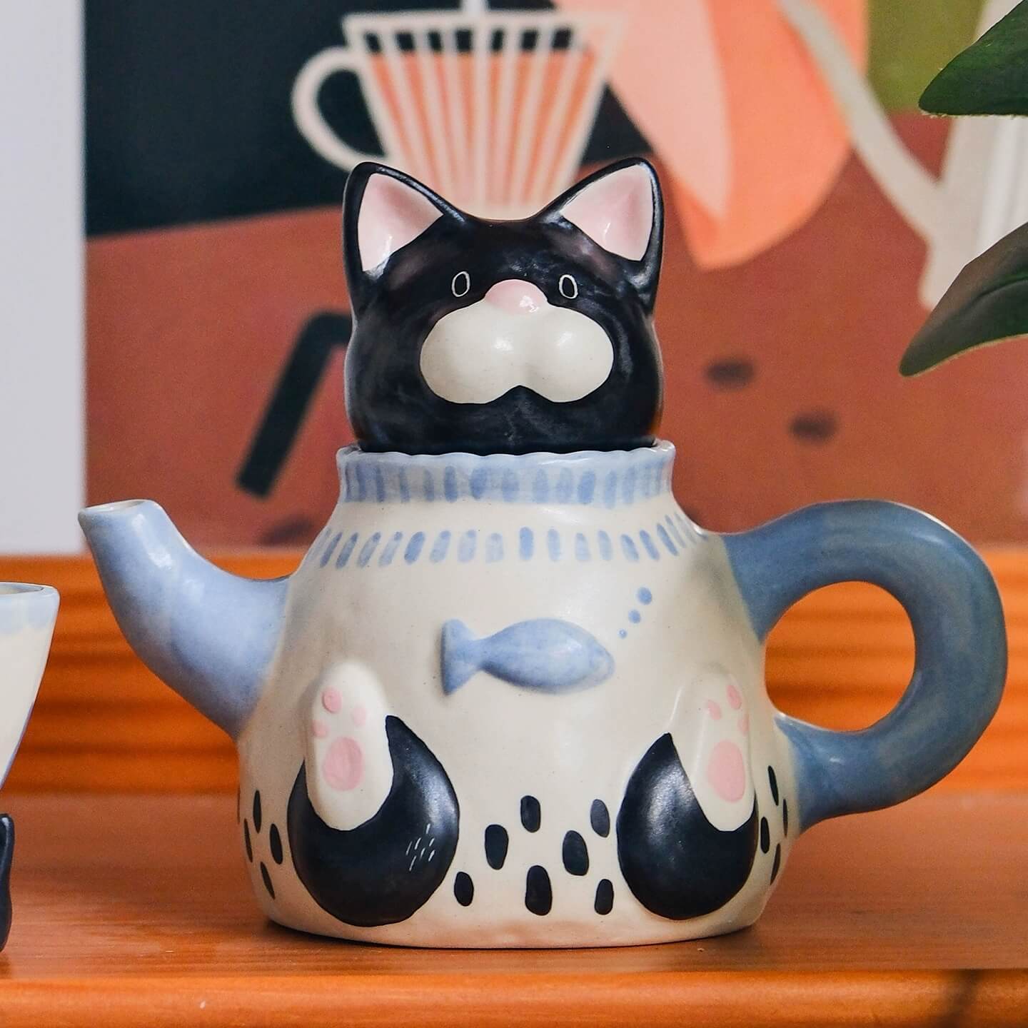 Cute Cat Ceramic Tea Set – Teapot & Mini Cups, Handcrafted Animal Design, Home Decor & Gift for Cat Lovers