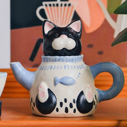 Cute Cat Ceramic Tea Set – Teapot & Mini Cups, Handcrafted Animal Design, Home Decor & Gift for Cat Lovers