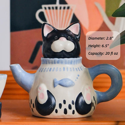 Cute Cat Ceramic Tea Set – Teapot & Mini Cups, Handcrafted Animal Design, Home Decor & Gift for Cat Lovers