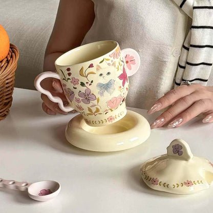 Floral Cat Ceramic Mug Set with Lid