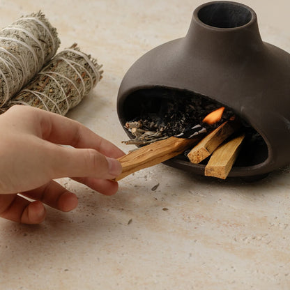 Handmade Ceramic Palo Santo Burner Holder – Mini Fireplace Incense Burner (Matte Charcoal)
