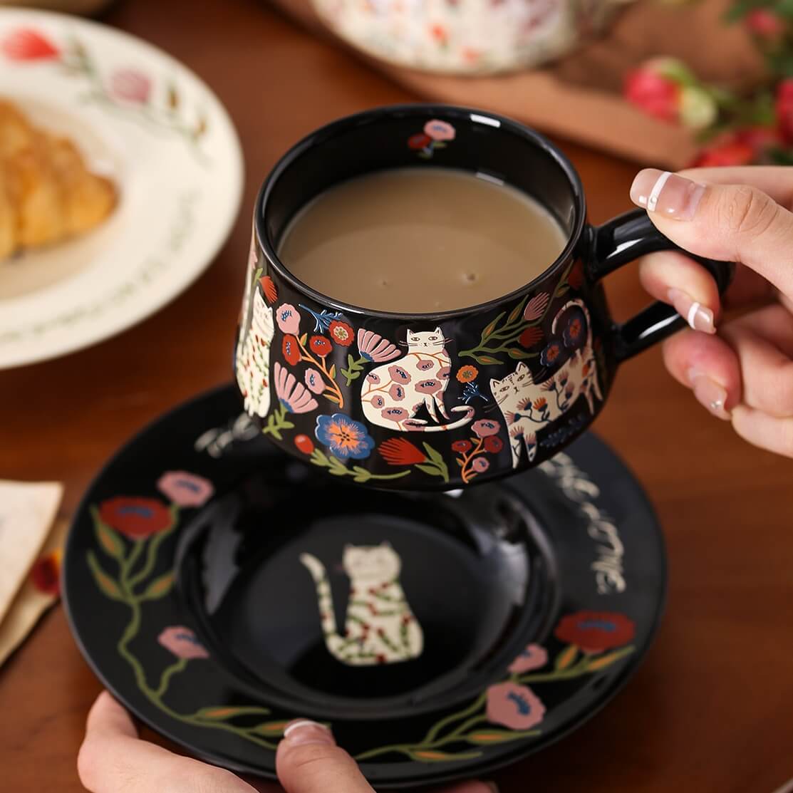 Floral Cat Ceramic Cup & Saucer Set