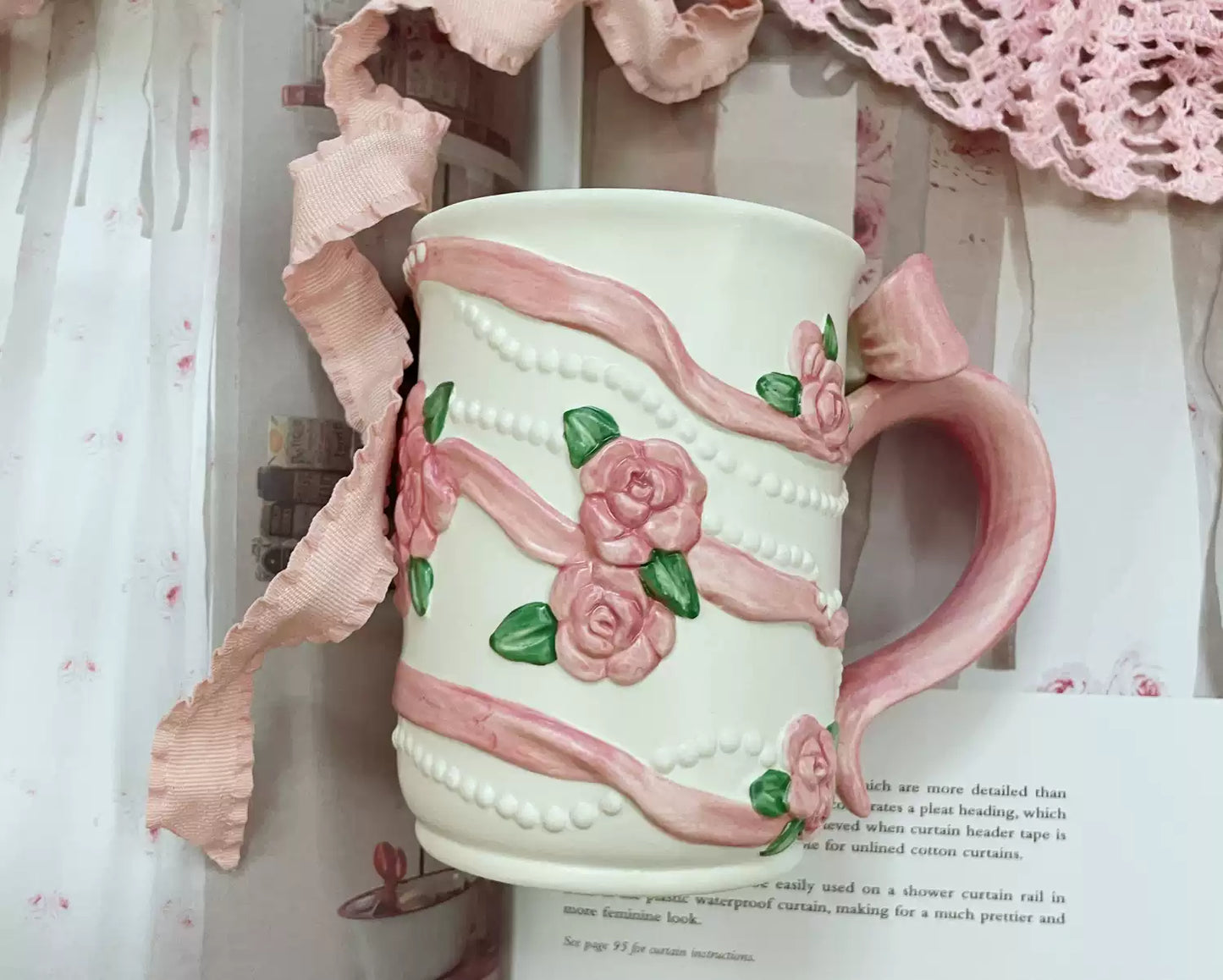 Handmade Rose Ribbon Floral Mug