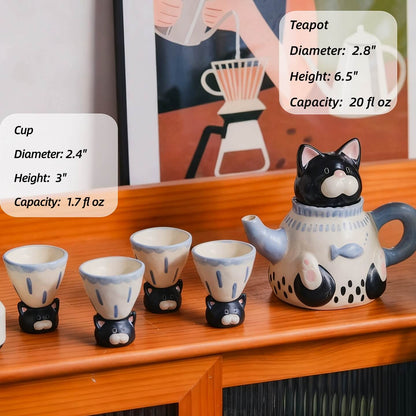 Cute Cat Ceramic Tea Set – Teapot & Mini Cups, Handcrafted Animal Design, Home Decor & Gift for Cat Lovers