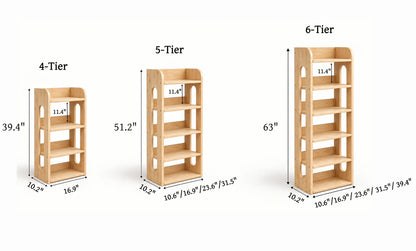 4-tier 5-tier and 6-tier solid pine narrow storage shelf size comparison in inches