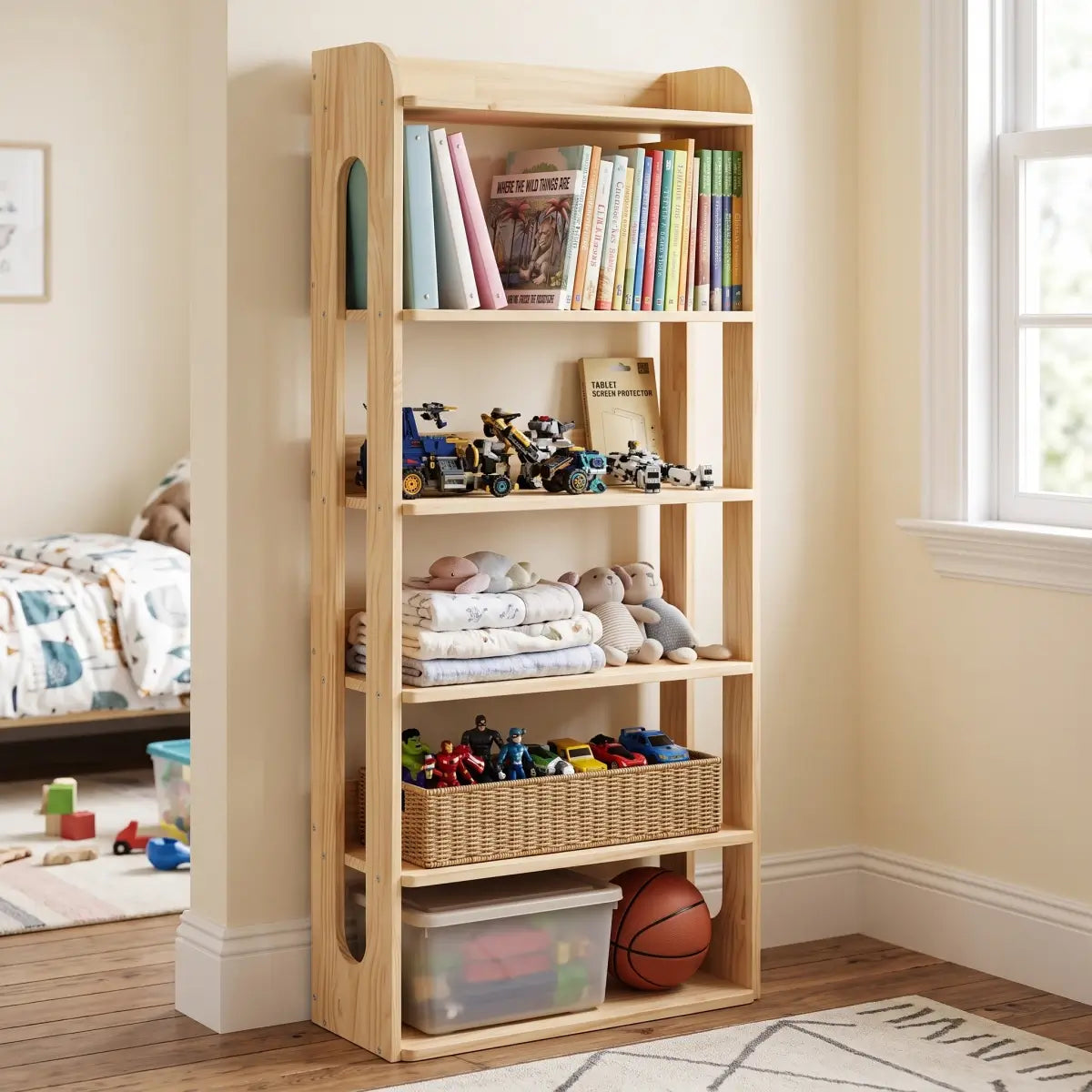 Unfinished solid pine storage shelf with books, toys and bins in a playroom