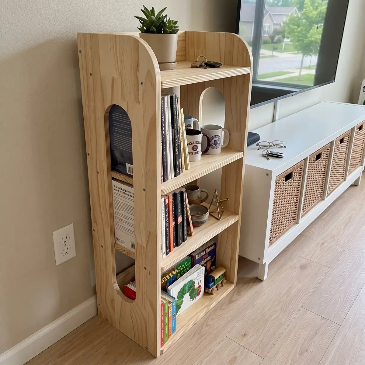 Unfinished pine narrow shelving unit beside a TV console in a living room