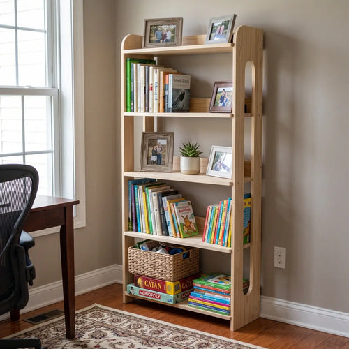 Solid pine freestanding shelving unit with books and decor in a home office