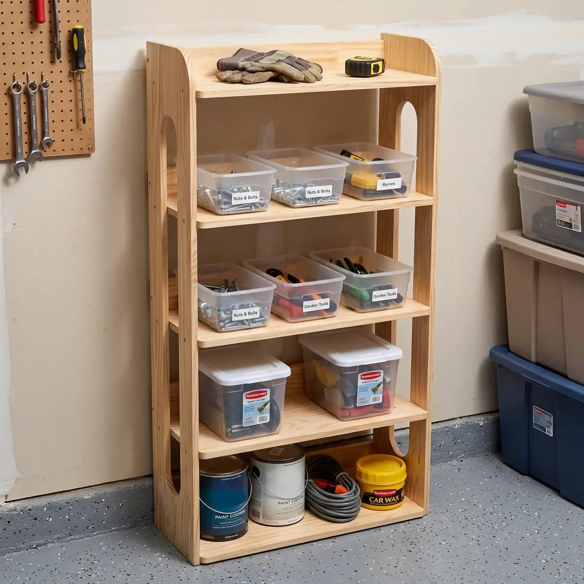 Solid pine open storage shelf with bins and supplies in a utility or craft room