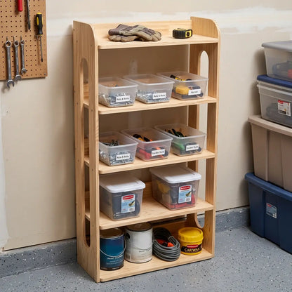Solid pine open storage shelf with bins and supplies in a utility or craft room