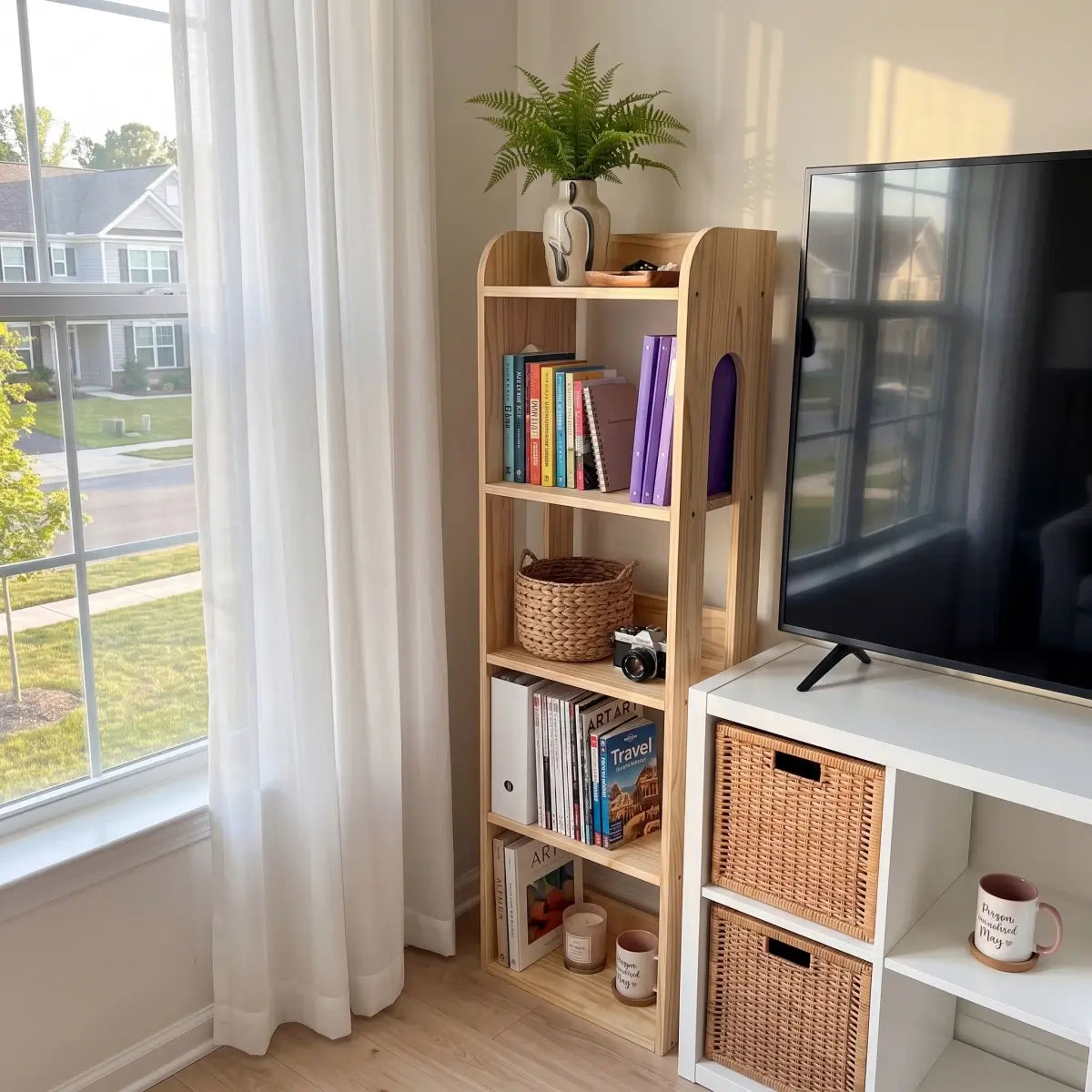Slim solid pine shelving unit with books and baskets beside a TV stand