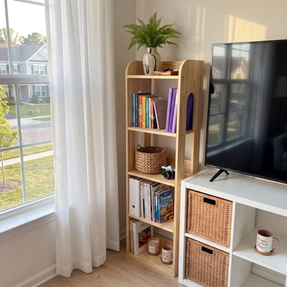 Slim solid pine shelving unit with books and baskets beside a TV stand