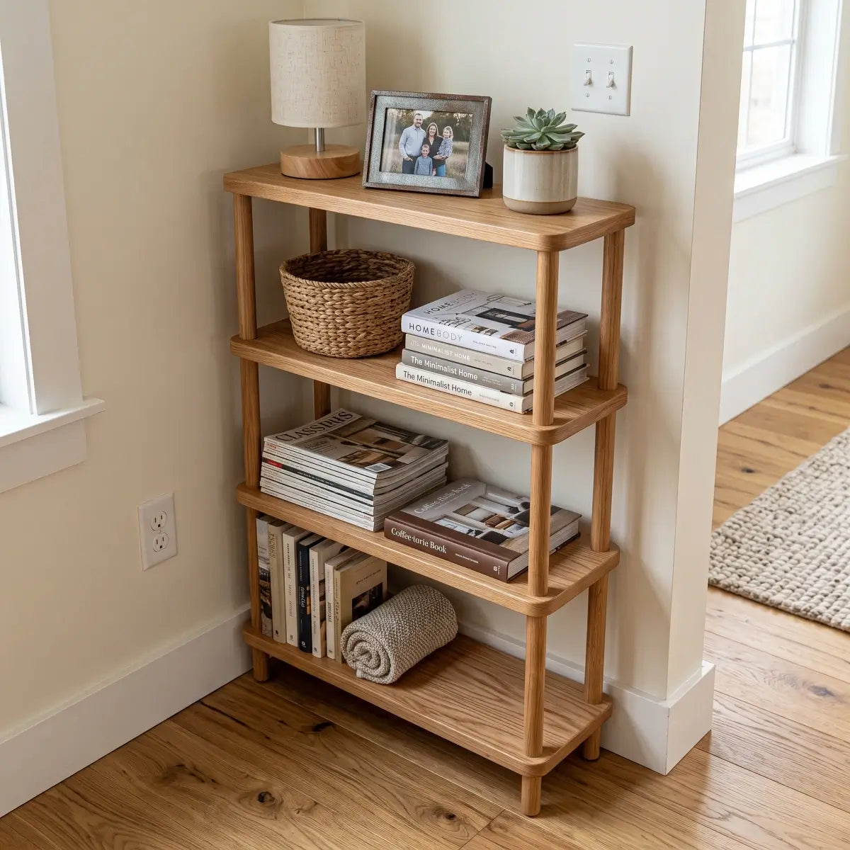 Solid red oak slim storage shelf styled with books, basket, lamp and decor in a bright living space