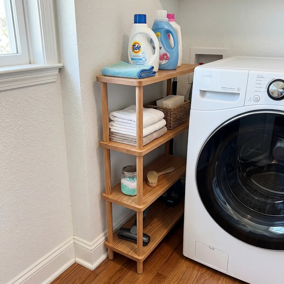 Slim red oak laundry storage shelf beside a dryer with detergent, baskets and household supplies