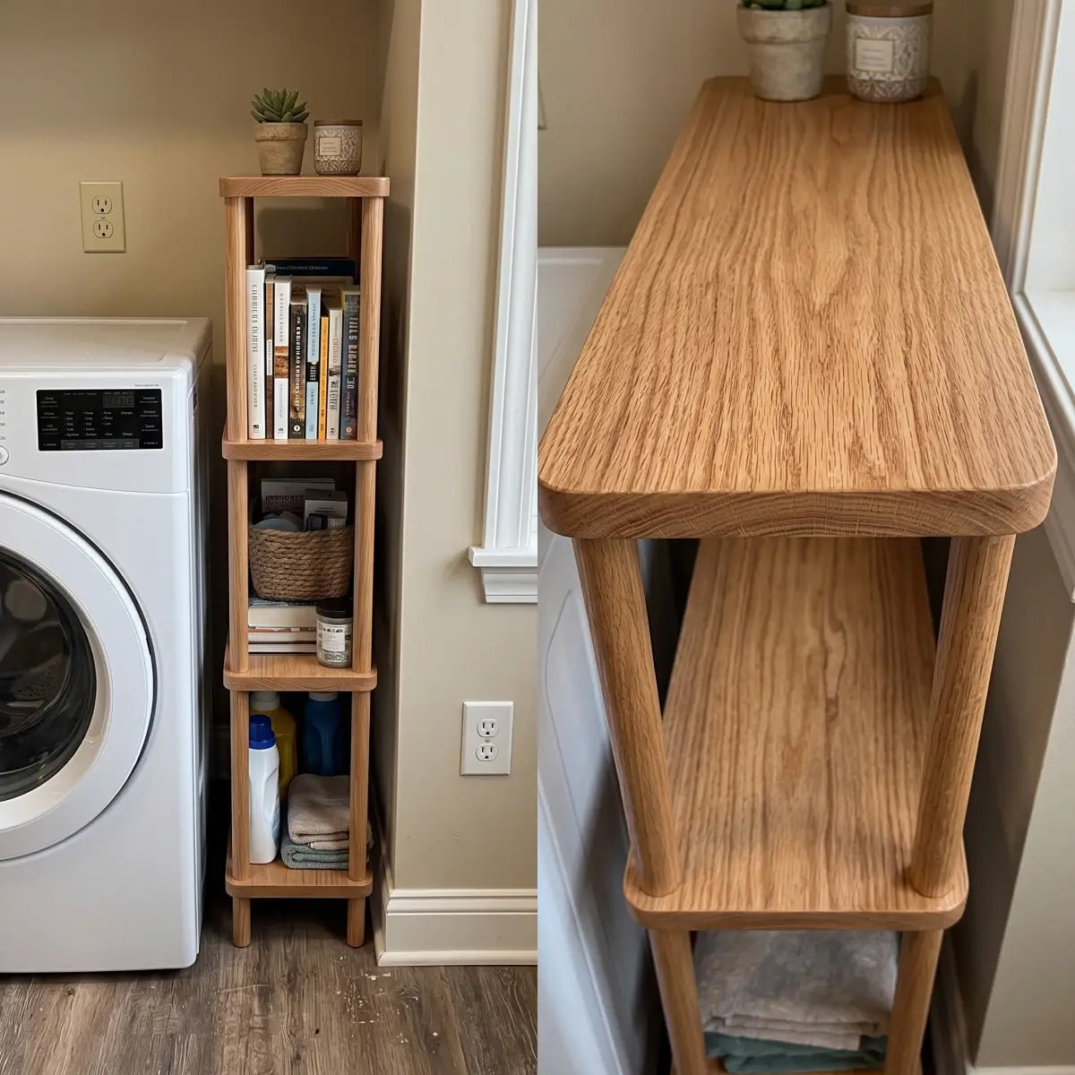 Side view of a shallow red oak storage shelf beside a laundry appliance showing its slim depth