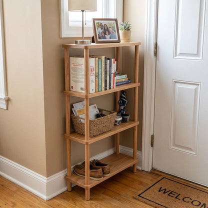 Narrow red oak storage shelf by an entry door holding books, baskets and small decor